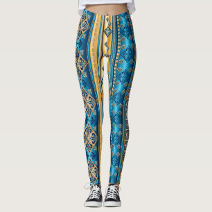 Fleur de lis Smoky Blue Guld Gult Ethnic Mönster Leggings