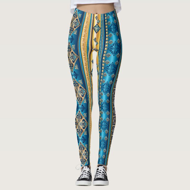 Fleur de lis Smoky Blue Guld Gult Ethnic Mönster Leggings (Framsida)