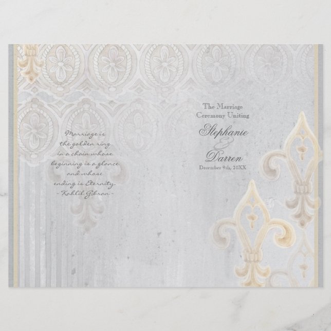 Fleur de Lis Snöre Damask 2 Grått Bröllopsprogram (Framsida)