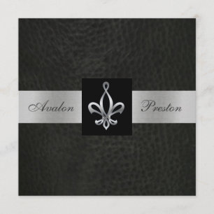 Fleur De Lis Svart Falskt Läder Monogram Inbjudan