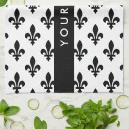 Fleur de Lis, svart på vit, svart, Ditt namn Kökshandduk
