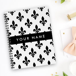 Fleur de Lis, Svart på Vitt, Svart, Ditt Namn Anteckningsbok