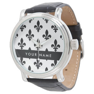 Fleur de Lis, Svart på Vitt, Svart, Ditt Namn Armbandsur