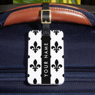Fleur de Lis, Svart på Vitt, Svart, Ditt Namn Bagagebricka