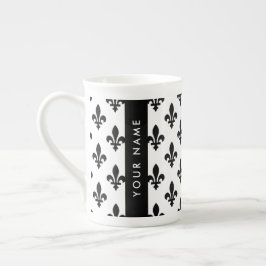Fleur de Lis, Svart på Vitt, Svart, Ditt Namn Benporslin Mugg