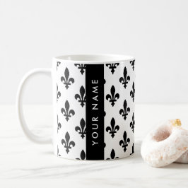 Fleur de Lis, Svart på Vitt, Svart, Ditt Namn Kaffemugg