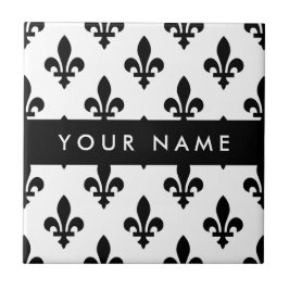 Fleur de Lis, Svart på Vitt, Svart, Ditt Namn Kakelplatta