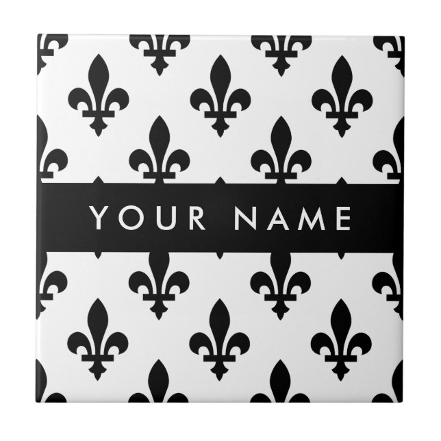 Fleur de Lis, Svart på Vitt, Svart, Ditt Namn Kakelplatta (Framsidan)