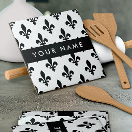 Fleur de Lis, Svart på Vitt, Svart, Ditt Namn Kakelplatta
