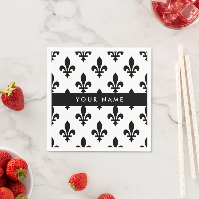 Fleur de Lis, Svart på Vitt, Svart, Ditt Namn Pappersservett (Insitu)