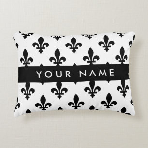 Fleur de Lis, Svart på Vitt, Svart, Ditt Namn Prydnadskudde