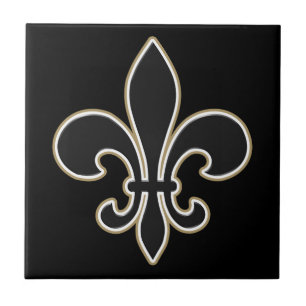 Fleur de Lis Svärta med vit och guld Kakelplatta