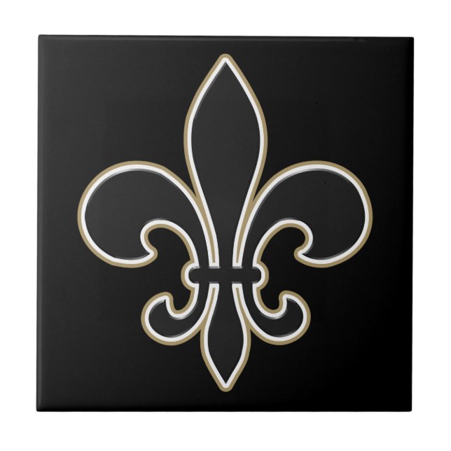 Fleur de Lis Svärta med vit och guld Kakelplatta (Framsidan)