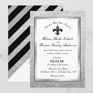 Fleur De Lis Svarta Silver Bröllop Glitter Inbjudningar