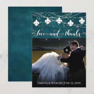 Fleur de Lis Teal Ljus Photo Heart Kärlek och Tack Kort