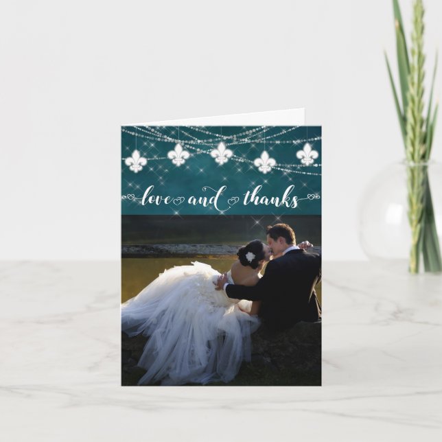 Fleur de Lis Teal Ljus | Photo Heart Kärlek och Tack Kort (Framsida)