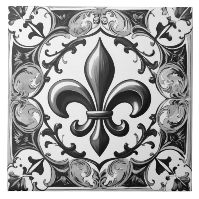 Fleur de Lis Tile - Black and White Ceramic Tile Kakelplatta (Framsidan)