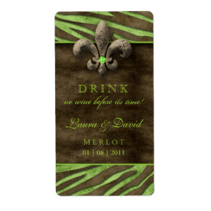 Fleur de Lis Vin-etiketten Vintage Lime Brown Zebr Fraktsedel