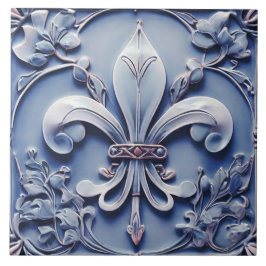 Fleur de Lis Vintage Antique Blue Faux Relief Kakelplatta