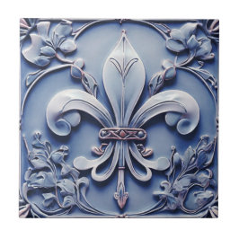 Fleur de Lis Vintage Antique Blue Faux Relief Kakelplatta