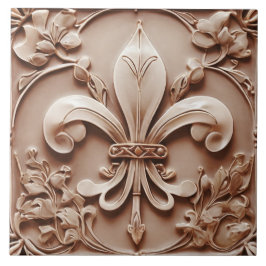 Fleur de Lis Vintage Antique Brown Faux Relief Kakelplatta