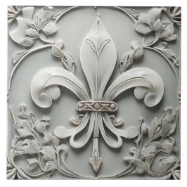 Fleur de Lis Vintage Antique Grått Faux Relief Kakelplatta