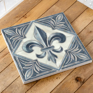 Fleur-De-Lis Vintage Blue Marble and pearl Kakelplatta
