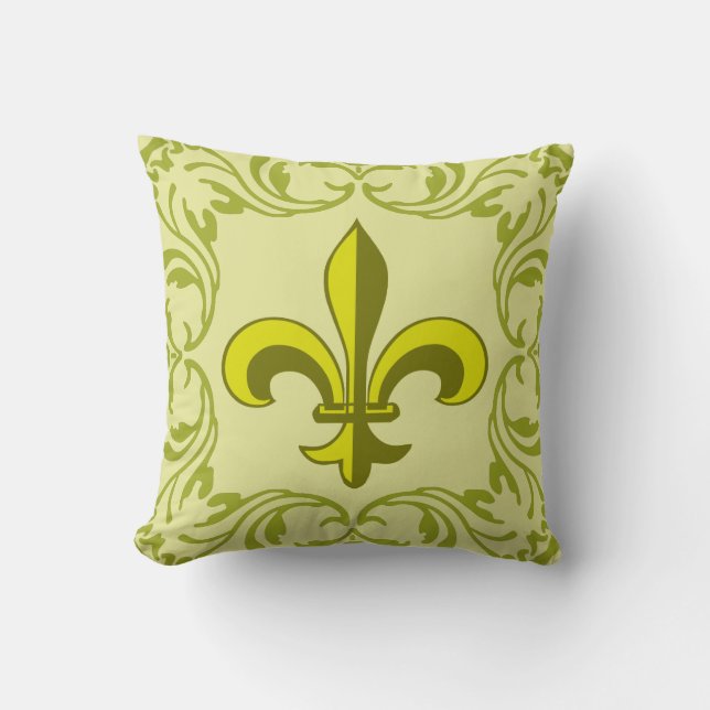 Fleur de lis vintage lime damask-mönster kudde (Framsida)