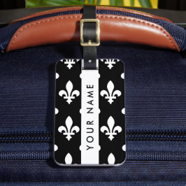Fleur de Lis, Vit på Svart, Vit, Ditt Namn Bagagebricka
