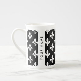 Fleur de Lis, Vit på Svart, Vit, Ditt Namn Benporslin Mugg
