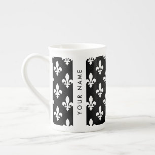 Fleur de Lis, Vit på Svart, Vit, Ditt Namn Benporslin Mugg