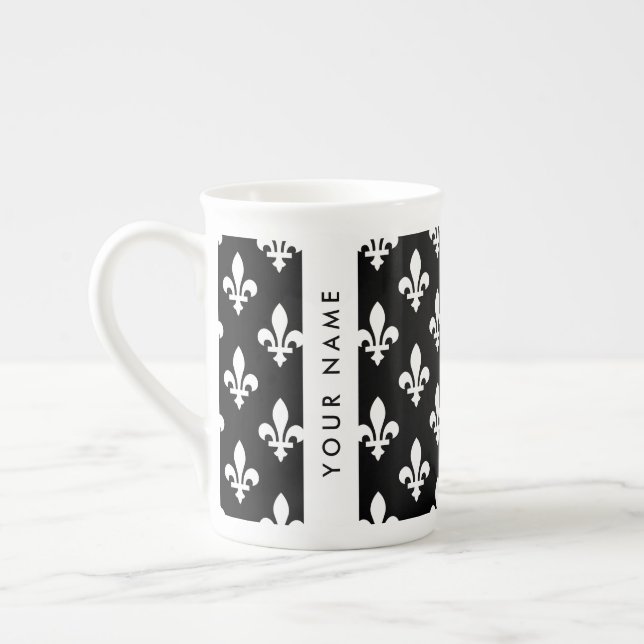 Fleur de Lis, Vit på Svart, Vit, Ditt Namn Benporslin Mugg (Vänster)