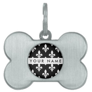 Fleur de Lis, Vit på Svart, Vit, Ditt Namn ID-bricka Husdjur