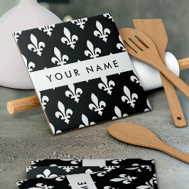 Fleur de Lis, Vit på Svart, Vit, Ditt Namn Kakelplatta