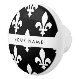 Fleur de Lis, Vit på Svart, Vit, Ditt Namn Knopp