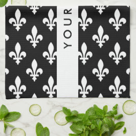 Fleur de Lis, Vit på Svart, Vit, Ditt Namn Kökshandduk