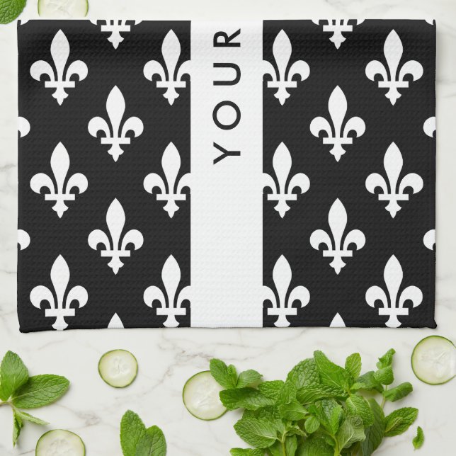 Fleur de Lis, Vit på Svart, Vit, Ditt Namn Kökshandduk (Vikta)