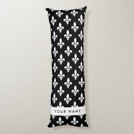 Fleur de Lis, Vit på Svart, Vit, Ditt Namn Kroppskudde