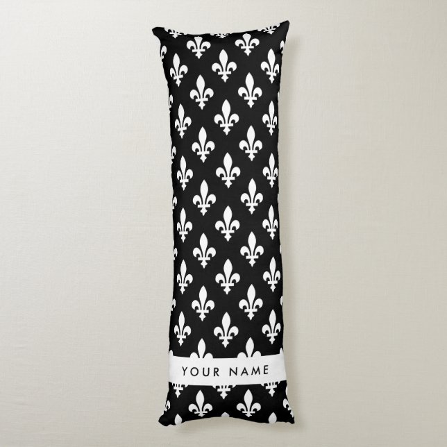 Fleur de Lis, Vit på Svart, Vit, Ditt Namn Kroppskudde (Baksidan (Vertikal))