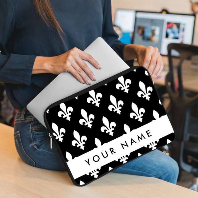 Fleur de Lis, Vit på Svart, Vit, Ditt Namn Laptop Fodral (Skapare uppladdad)