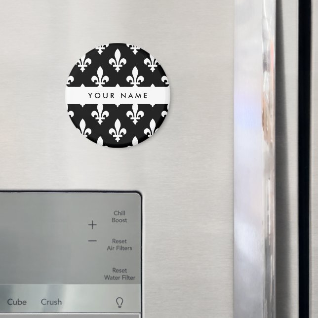 Fleur de Lis, Vit på Svart, Vit, Ditt Namn Magnet (In Situ (Fridge))