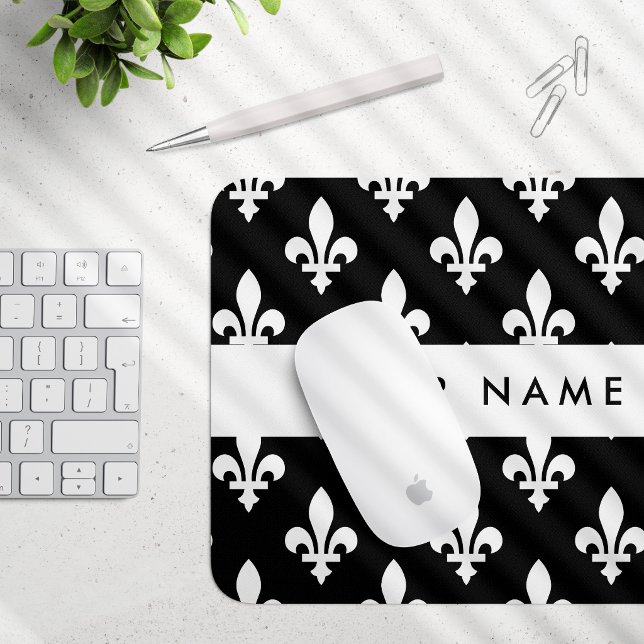 Fleur de Lis, Vit på Svart, Vit, Ditt Namn Musmatta (Skapare uppladdad)
