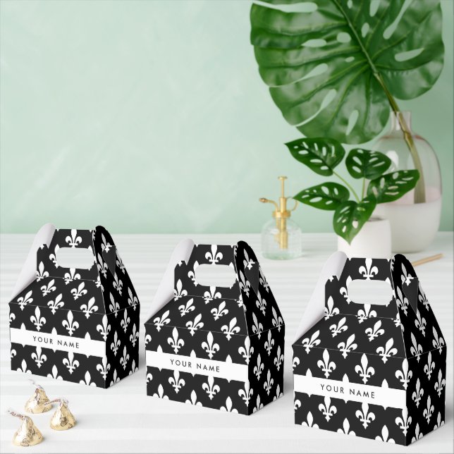 Fleur de Lis, Vit på Svart, Vit, Ditt Namn Presentaskar (Multipel)