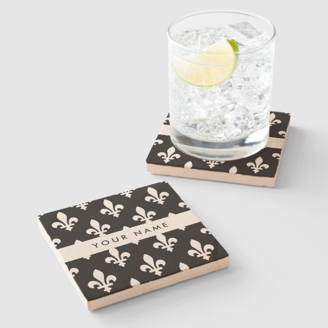 Fleur de Lis, Vit på Svart, Vit, Ditt Namn Stenunderlägg (Sidan)