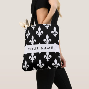 Fleur de Lis, Vit på Svart, Vit, Ditt Namn Tygkasse