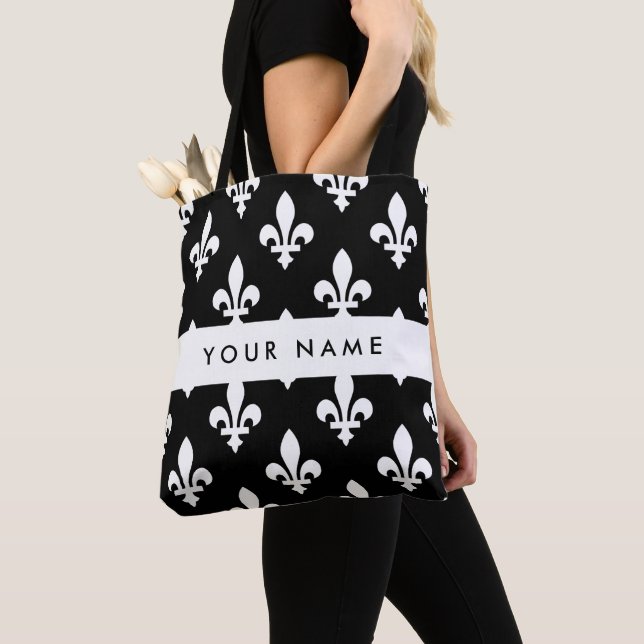 Fleur de Lis, Vit på Svart, Vit, Ditt Namn Tygkasse (Närbild)