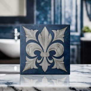 Fleur-De-Lis White och Blue Marble Kakelplatta