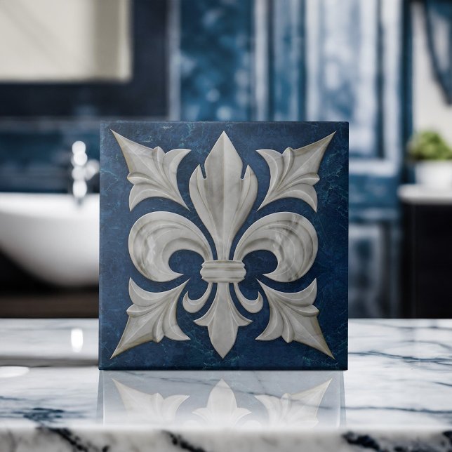 Fleur-De-Lis White och Blue Marble Kakelplatta (Skapare uppladdad)