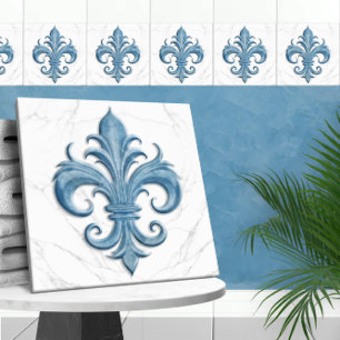 Fleur-De-Lis White och Blue Marble Kakelplatta