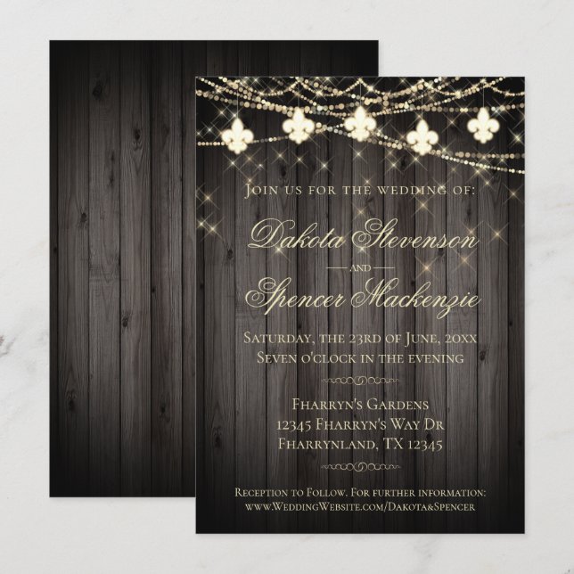 Fleur de Lis Wood Ljus | Rustic Bröllop Inbjudningar (Fram/baksida)